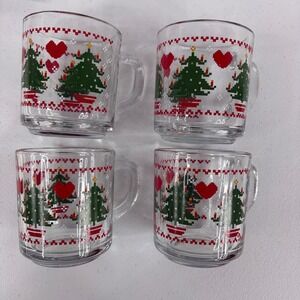 Vintage 1984 CHD Christmas Glass Mugs Set of 4 Pixel Tree Heart Holiday Decor